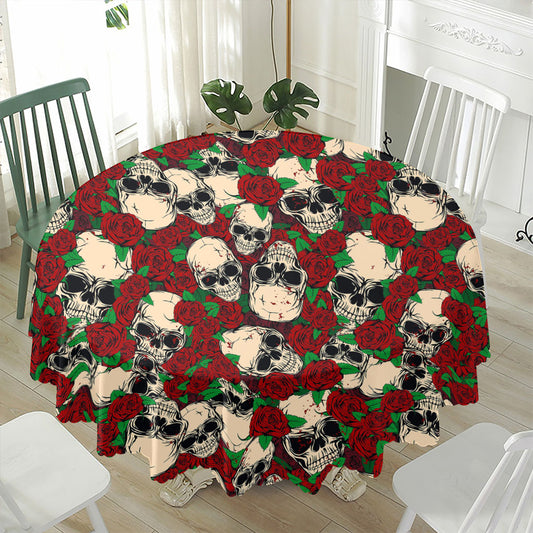 Red Rose Skull Pattern Print Waterproof Round Tablecloth