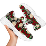 Red Rose Skull Pattern Print White Chunky Shoes