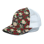 Red Rose Skull Pattern Print White Mesh Trucker Cap