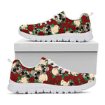 Red Rose Skull Pattern Print White Running Shoes