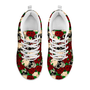 Red Rose Skull Pattern Print White Running Shoes