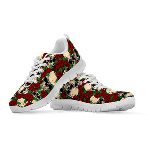 Red Rose Skull Pattern Print White Running Shoes