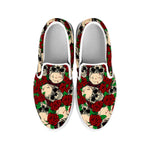 Red Rose Skull Pattern Print White Slip On Sneakers