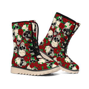 Red Rose Skull Pattern Print Winter Boots