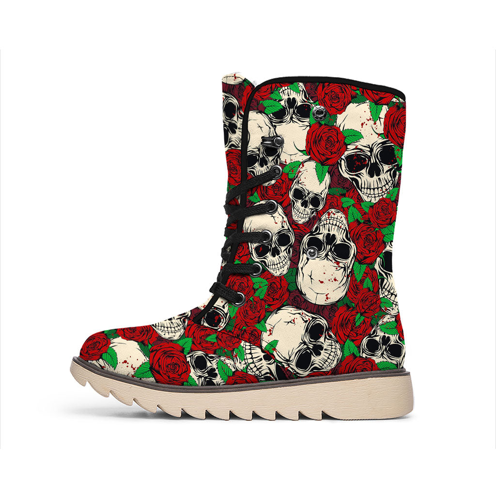 Red Rose Skull Pattern Print Winter Boots