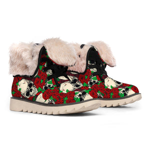 Red Rose Skull Pattern Print Winter Boots