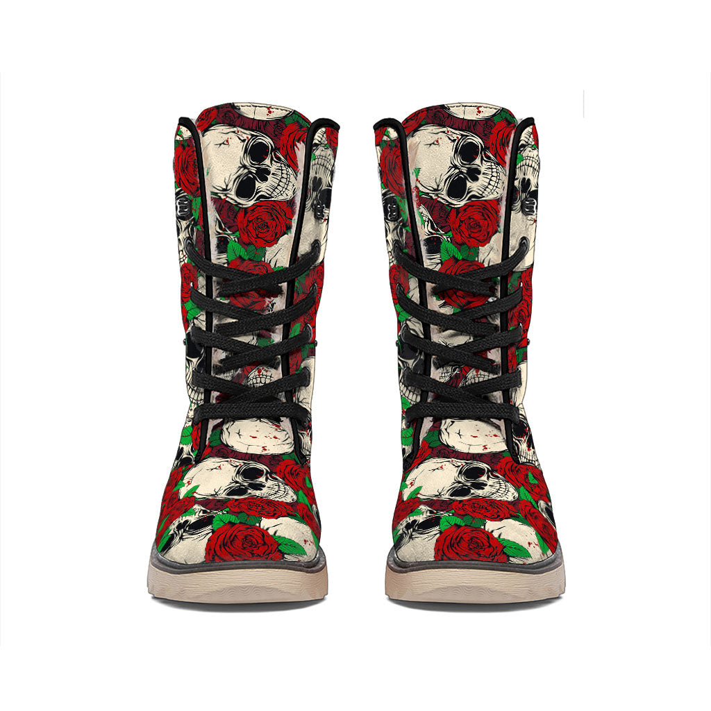 Red Rose Skull Pattern Print Winter Boots