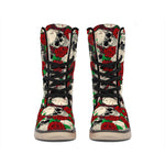 Red Rose Skull Pattern Print Winter Boots