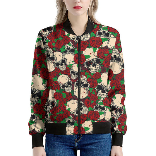 Red Rose Skull Pattern Print Women's Bomber Jacket