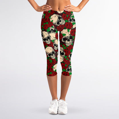 Red Rose Skull Pattern Print Women's Capri Leggings