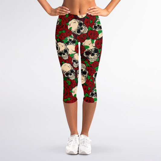 Red Rose Skull Pattern Print Women's Capri Leggings