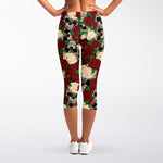 Red Rose Skull Pattern Print Women's Capri Leggings