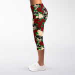 Red Rose Skull Pattern Print Women's Capri Leggings