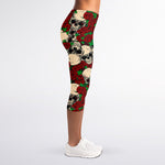 Red Rose Skull Pattern Print Women's Capri Leggings