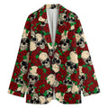 Red Rose Skull Pattern Print Women's Cotton Blazer
