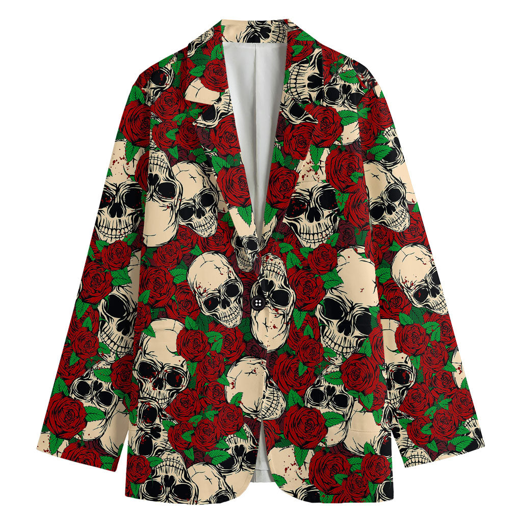 Red Rose Skull Pattern Print Women's Cotton Blazer