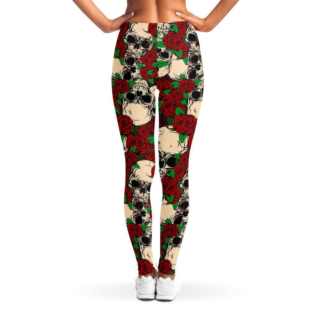 Red Rose Skull Pattern Print Women's Leggings