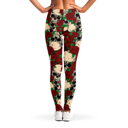 Red Rose Skull Pattern Print Women's Leggings