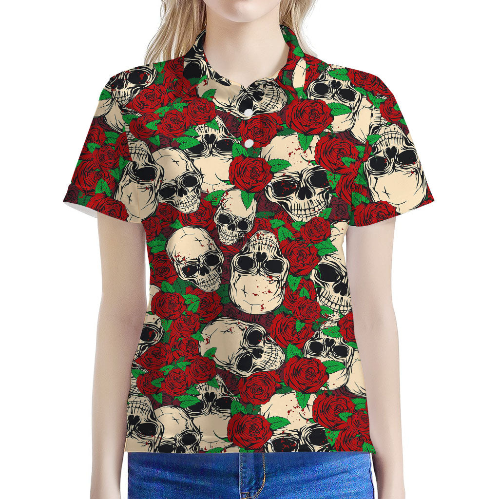 Red Rose Skull Pattern Print Women's Polo Shirt