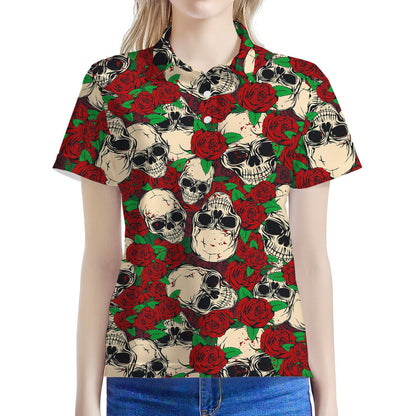 Red Rose Skull Pattern Print Women's Polo Shirt