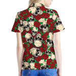 Red Rose Skull Pattern Print Women's Polo Shirt