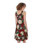 Red Rose Skull Pattern Print Women's Sleeveless Dress