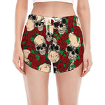 Red Rose Skull Pattern Print Women's Split Running Shorts