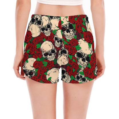 Red Rose Skull Pattern Print Women's Split Running Shorts