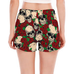 Red Rose Skull Pattern Print Women's Split Running Shorts