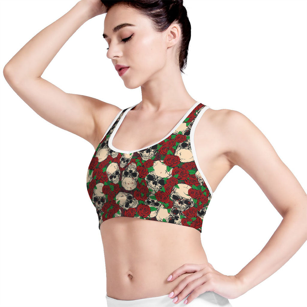 Red Rose Skull Pattern Print Women's Sports Bra