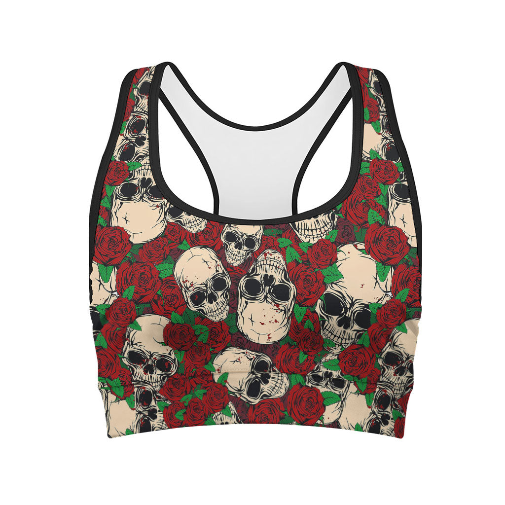 Red Rose Skull Pattern Print Women's Sports Bra