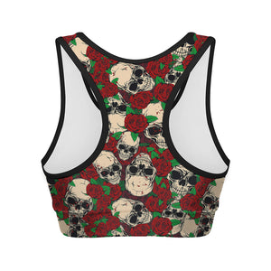 Red Rose Skull Pattern Print Women's Sports Bra