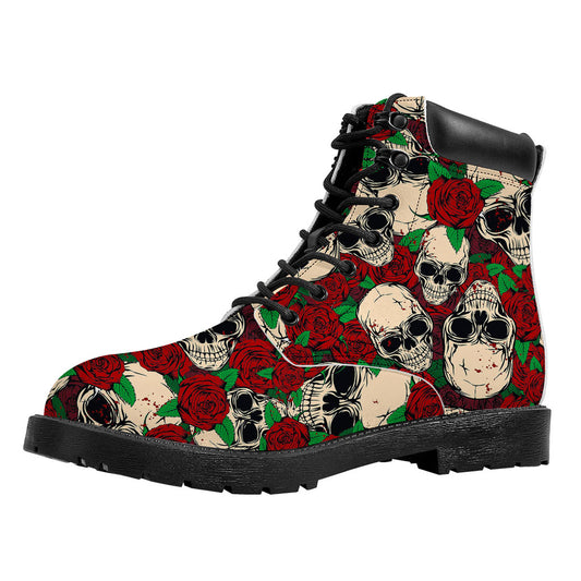 Red Rose Skull Pattern Print Work Boots