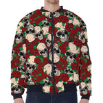 Red Rose Skull Pattern Print Zip Sleeve Bomber Jacket