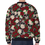 Red Rose Skull Pattern Print Zip Sleeve Bomber Jacket