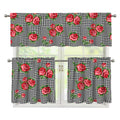 Red Roses Houndstooth Pattern Print 3 Piece Kitchen Curtains