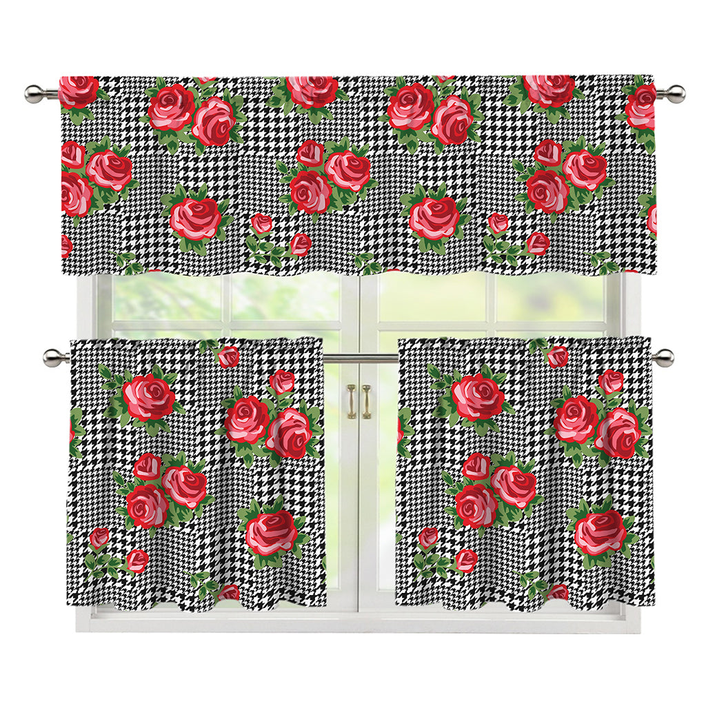 Red Roses Houndstooth Pattern Print 3 Piece Kitchen Curtains