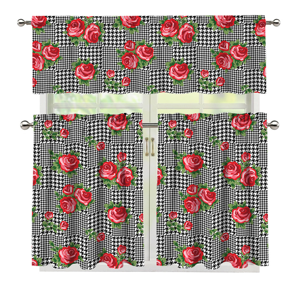 Red Roses Houndstooth Pattern Print 3 Piece Kitchen Curtains