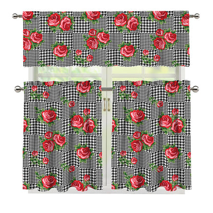 Red Roses Houndstooth Pattern Print 3 Piece Kitchen Curtains