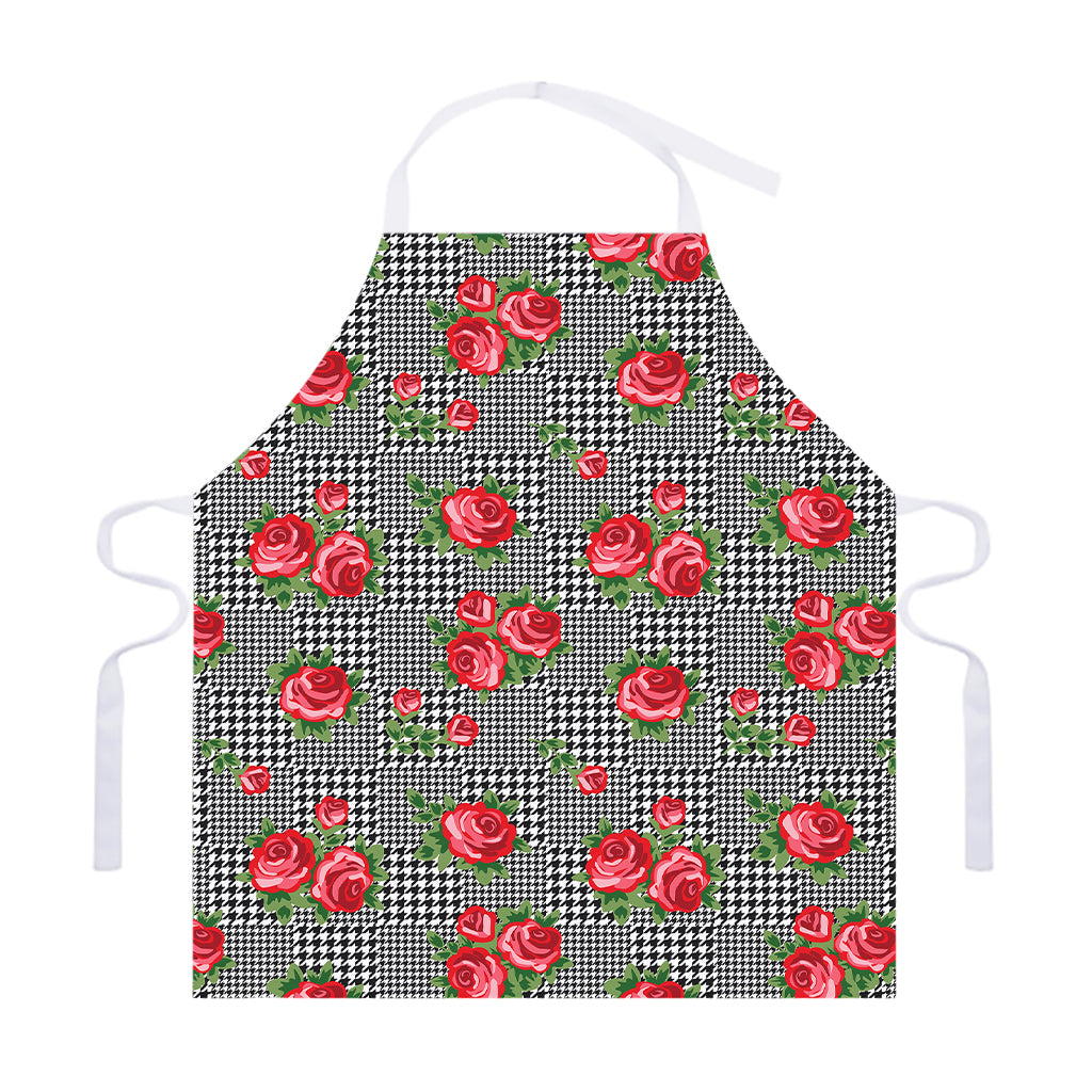 Red Roses Houndstooth Pattern Print Adjustable Apron