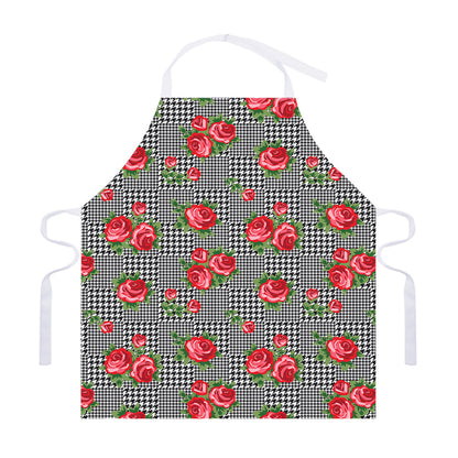 Red Roses Houndstooth Pattern Print Adjustable Apron