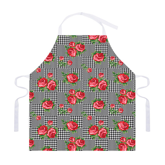 Red Roses Houndstooth Pattern Print Adjustable Apron