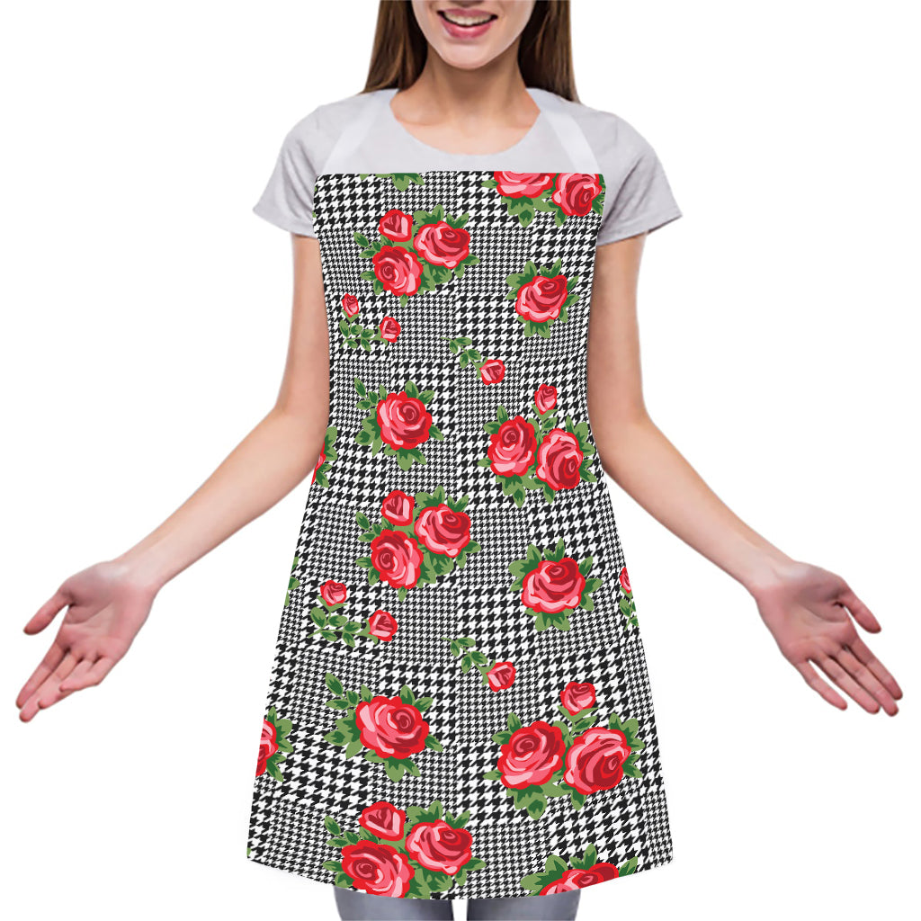Red Roses Houndstooth Pattern Print Adjustable Apron