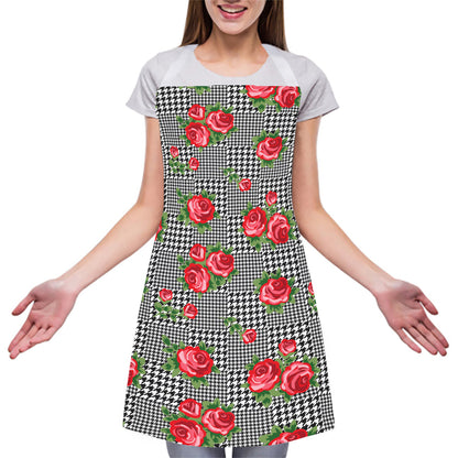 Red Roses Houndstooth Pattern Print Adjustable Apron