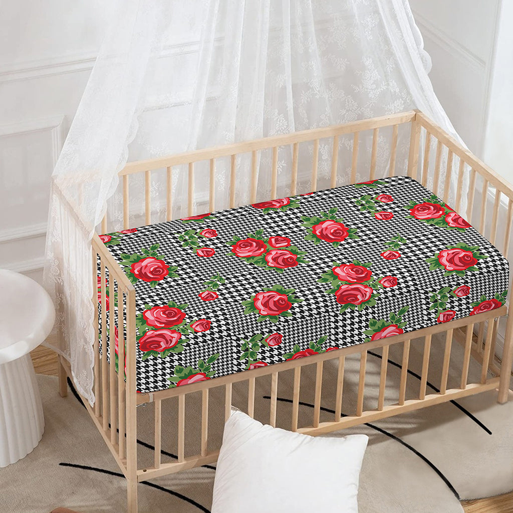 Red Roses Houndstooth Pattern Print Baby Crib Sheet