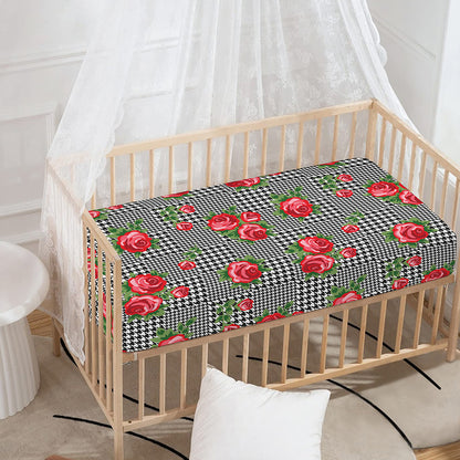 Red Roses Houndstooth Pattern Print Baby Crib Sheet