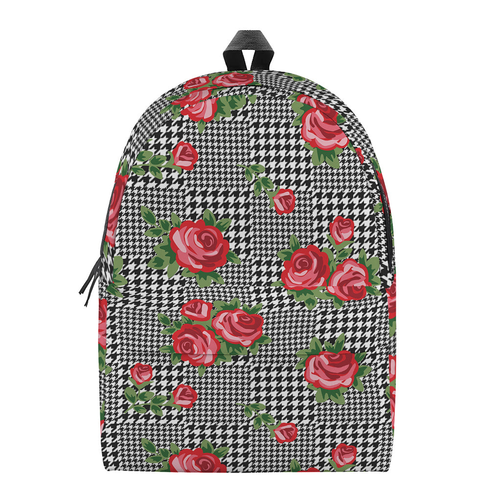Red Roses Houndstooth Pattern Print Backpack