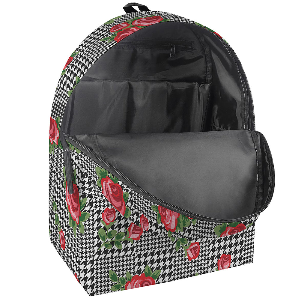 Red Roses Houndstooth Pattern Print Backpack