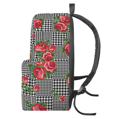 Red Roses Houndstooth Pattern Print Backpack