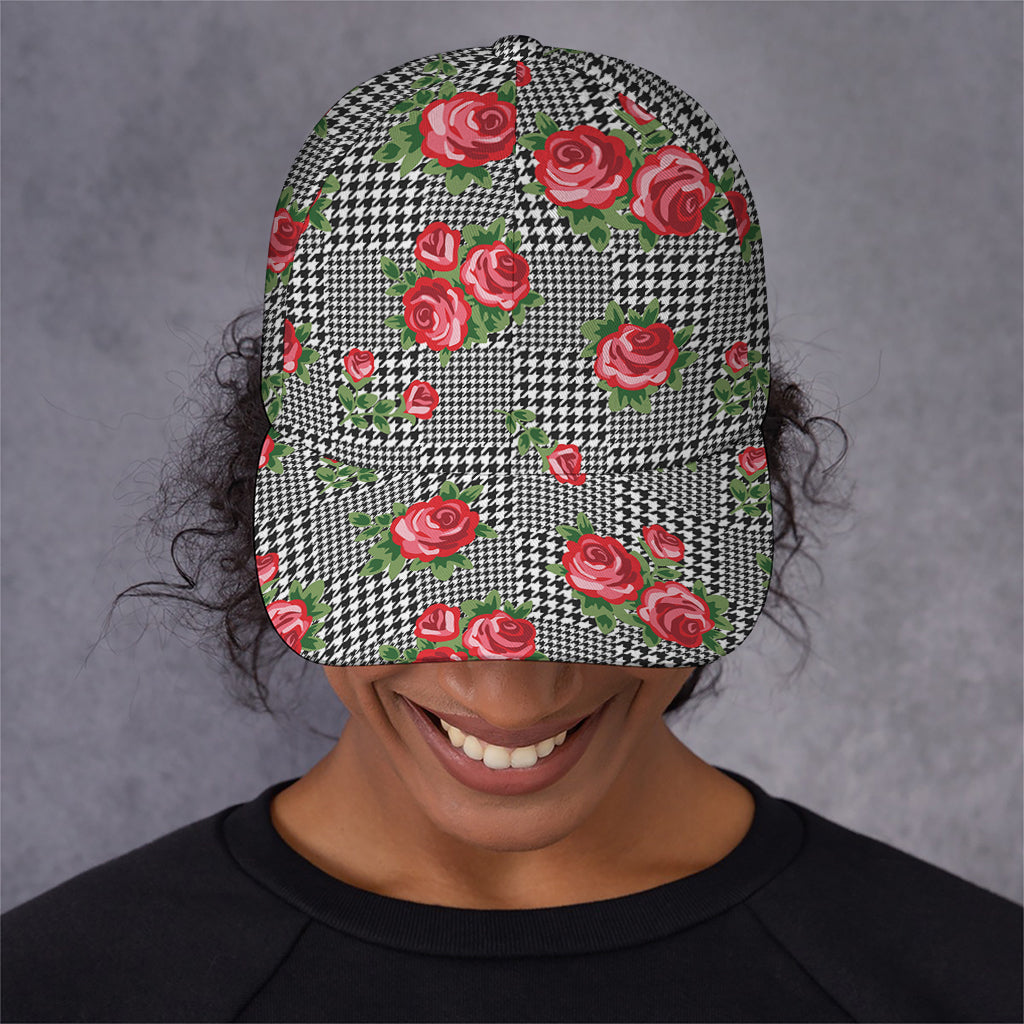 Red Roses Houndstooth Pattern Print Baseball Cap